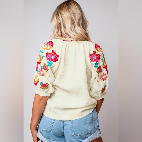 Beige Floral Embroidered Ricrac Puff Sleeve
Textured Blouse Bohemian Top - Picture 4 of 15